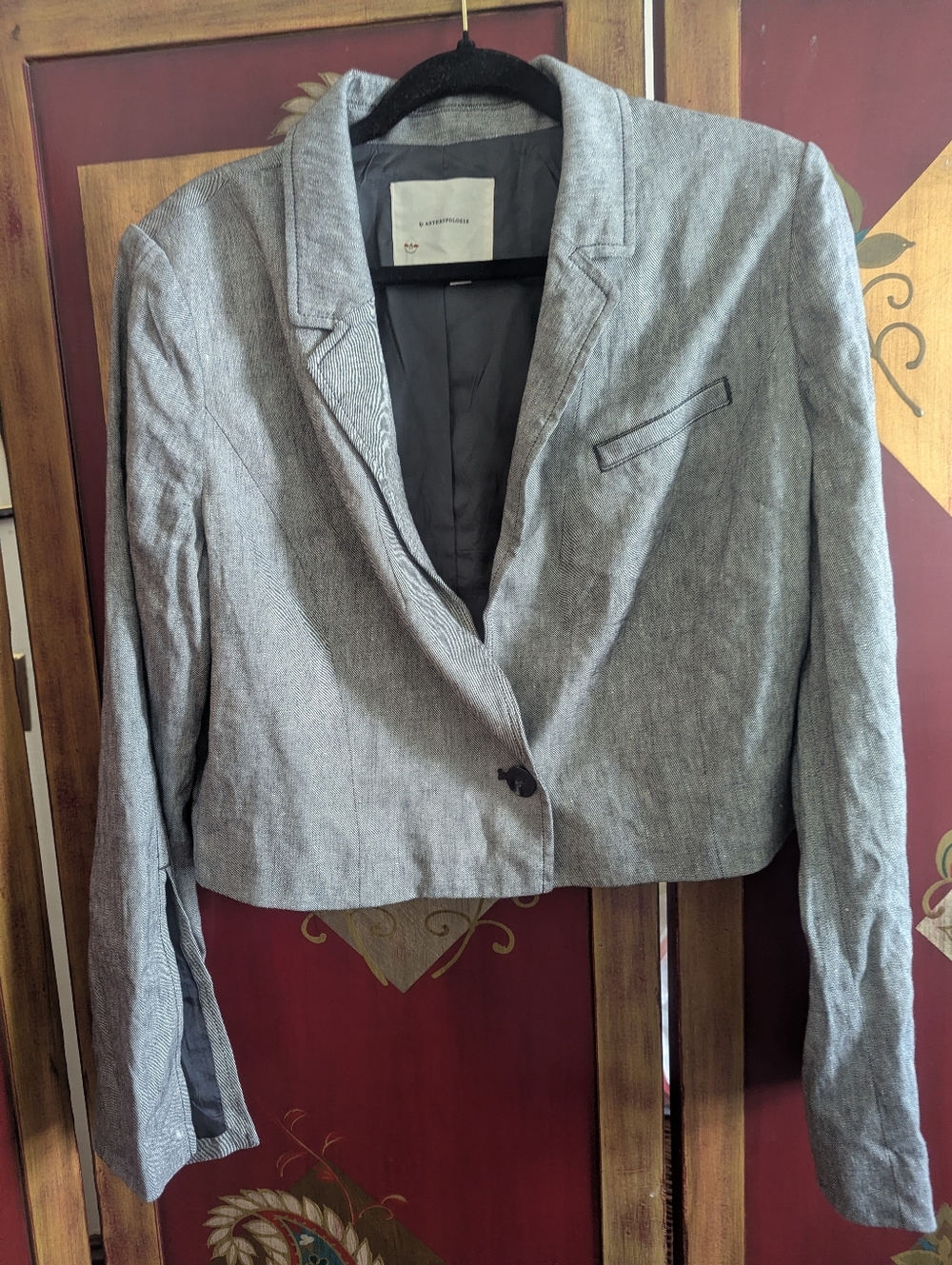 By Anthropologie Linen Blend Blue Cropped Blazer Sz 14 Old Money Coastal Preppy